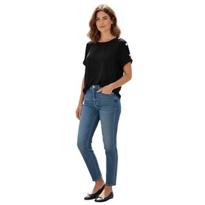 Peck & Peck Woman’s Black Blouse with Silver Button Detail on Shoulder Medium